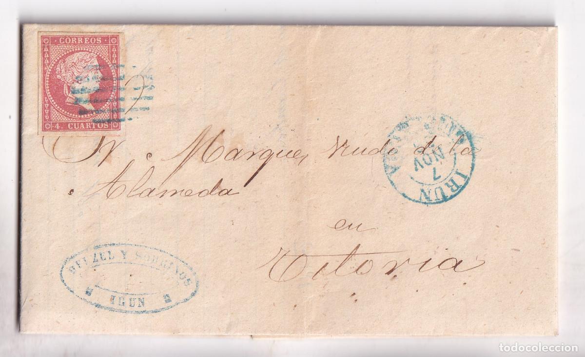 Sellos: CARTA ENTERA. IR&Uacute;N. GUIP&Uacute;ZCOA. PA&Iacute;S VASCO. 1856. A VITORIA. FECHADOR Y PARRILLA AZUL