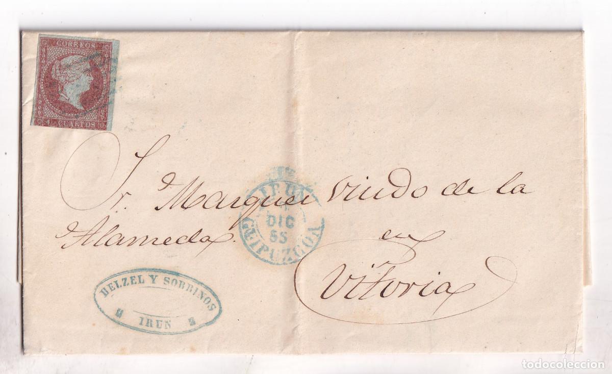 Sellos: CARTA ENTERA. IR&Uacute;N. GUIP&Uacute;ZCOA. PA&Iacute;S VASCO. 1855. A VITORIA. FECHADOR Y PARRILLA AZUL