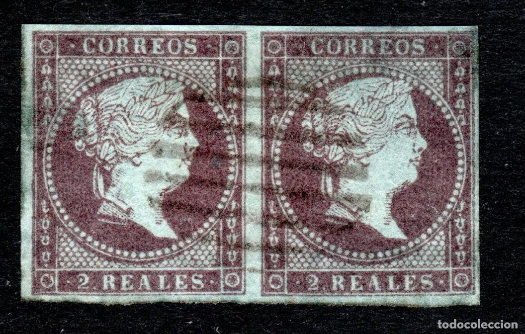 Sellos: EDIFIL 42 ISABEL II. A&Ntilde;O 1855. PAPEL AZULADO CON FILIGRANA LAZOS (PAREJA).VALOR CAT&Aacute;LOGO: 48 &euro;.