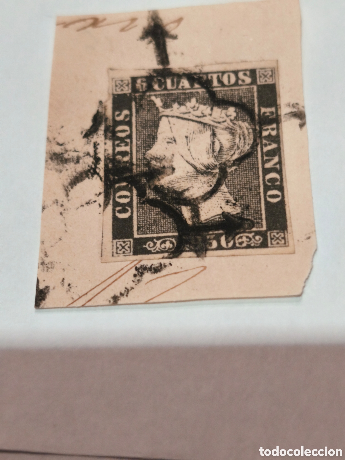 Francobolli: Sello cl&aacute;sico n 1 sobre fragmento de carta ara&ntilde;a negra 6 cuartos negro precioso ver