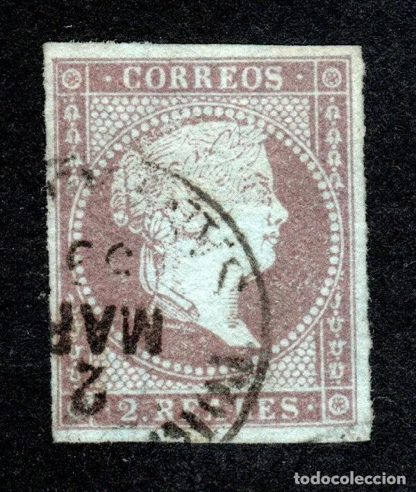 Sellos: EDIFIL 42 ISABEL II. A&Ntilde;O 1855. PAPEL AZULADO CON FILIGRANA LAZOS. VALOR CAT&Aacute;LOGO: 24 &euro;.