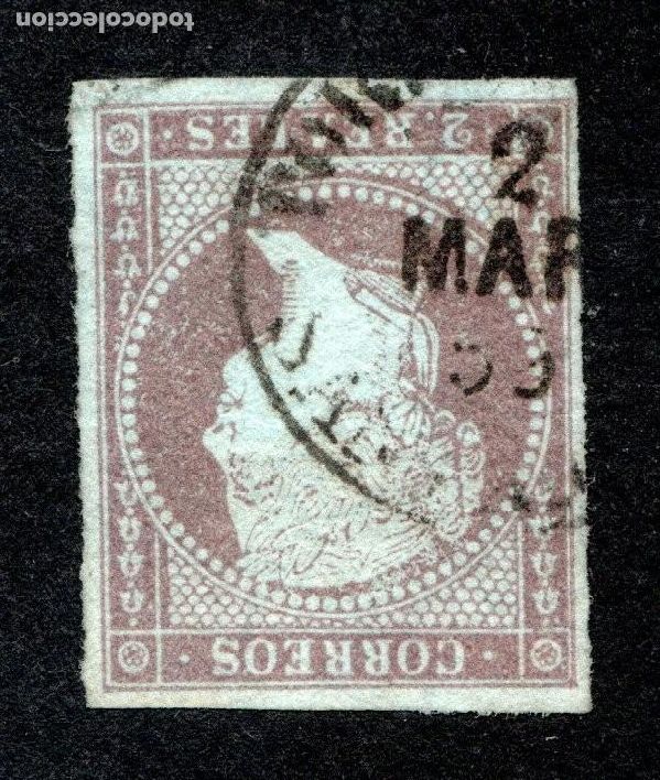 Sellos: EDIFIL 42 ISABEL II. A&Ntilde;O 1855. PAPEL AZULADO CON FILIGRANA LAZOS. VALOR CAT&Aacute;LOGO: 24 &euro;.