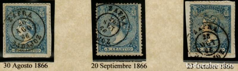 Sellos: FA0877-4. HISTORIA POSTAL. 1866. 3 Valores de 4 cuartos con Fechador Tipo II de Zafra