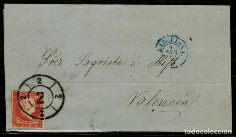 Timbres: FA3580. 1859, Barcelona a Valencia, cancelado con Rueda de Carreta 2 LUJO