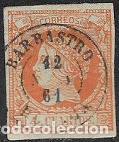 Sellos: 1860 Isabel II, EDIFIL n&ordm; 52 (o) matasello: fechador Barbastro, Huesca
