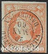 Sellos: 1860 Isabel II, EDIFIL n&ordm; 52 (o) matasello: fechador Villanueva y la Geltr&uacute;, Barcelona