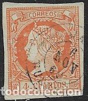 Sellos: 1860 Isabel II, EDIFIL n&ordm; 52 (o) matasello: fechador Jaca, Huesca