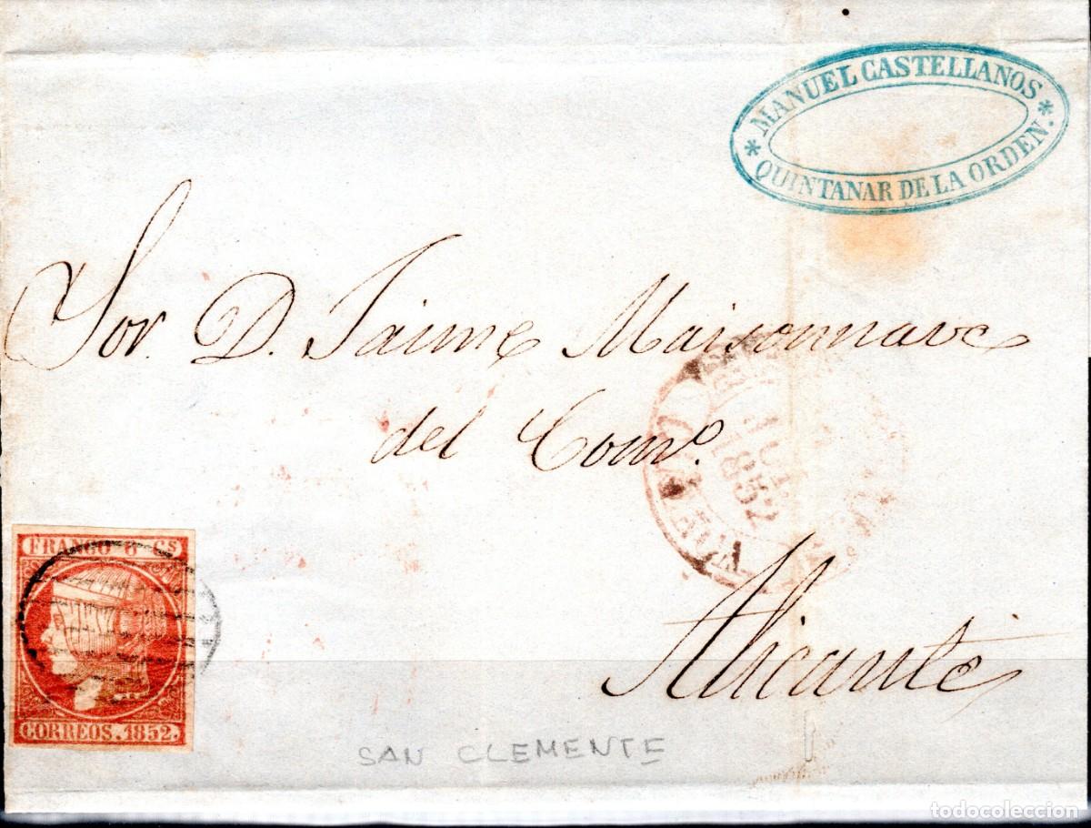Sellos: EDIFIL 12 ISABEL II A&Ntilde;O 1852. MATASELLOS PARRILLA AZUL. SOBRE DESTINO ALICANTE CON LLEGADA 10-7-1852