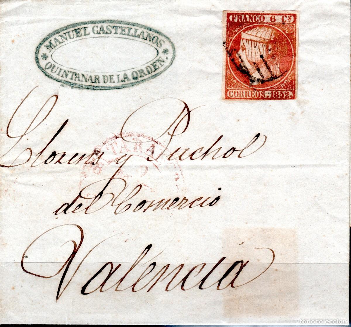 Sellos: EDIFIL 12 ISABEL II A&Ntilde;O 1852. MATASELLOS PARRILLA AZUL. SOBRE DESTINO VALENCIA.