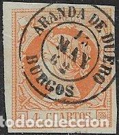 Sellos: 1860 Isabel II, EDIFIL n&ordm; 52 (o) matasello: fechador Aranda de Duero, Burgos