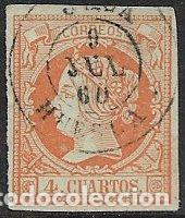 Sellos: 1860 Isabel II, EDIFIL n&ordm; 52 (o) matasello: fechador Jaca, Huesca