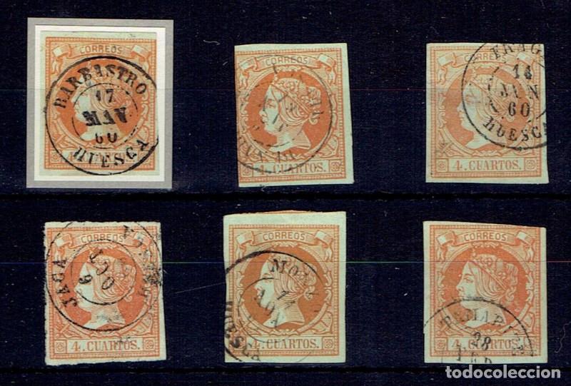 Sellos: FA5394. Emision de 1860. Conjunto de 6 valores de 4 cuartos con fechadores de la provincia de Huesca