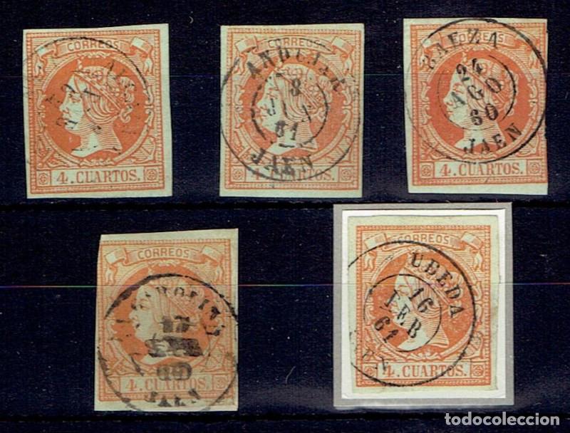 Sellos: FA5395. Emision de 1860. Conjunto de 5 valores de 4 cuartos con fechadores de la provincia de Jaen