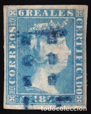 Francobolli: ESPA&Ntilde;A, 1850 EDIFIL N&ordm; 4, 6 r. azul, [Signo de porteo, &rdquo;11&rdquo; limado de Sevilla / Certificado COMEX.]
