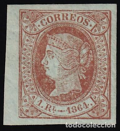Timbres: ESPA&Ntilde;A, 1864 EDIFIL N&ordm; 67 /*/. 1 r casta&ntilde;o s. verde. [Certificado Comex.]