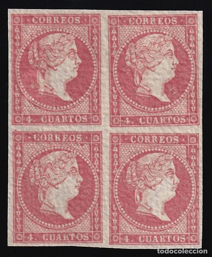 Briefmarken: ESPA&Ntilde;A, 1855 EDIFIL N&ordm; 44A (*), 4 cu. rojo, Tipo II. [Bloque de cuatro.]