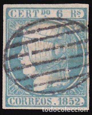 Sellos: ESPA&Ntilde;A, 1852 EDIFIL N&ordm; 16, 6 r. azul verdoso.