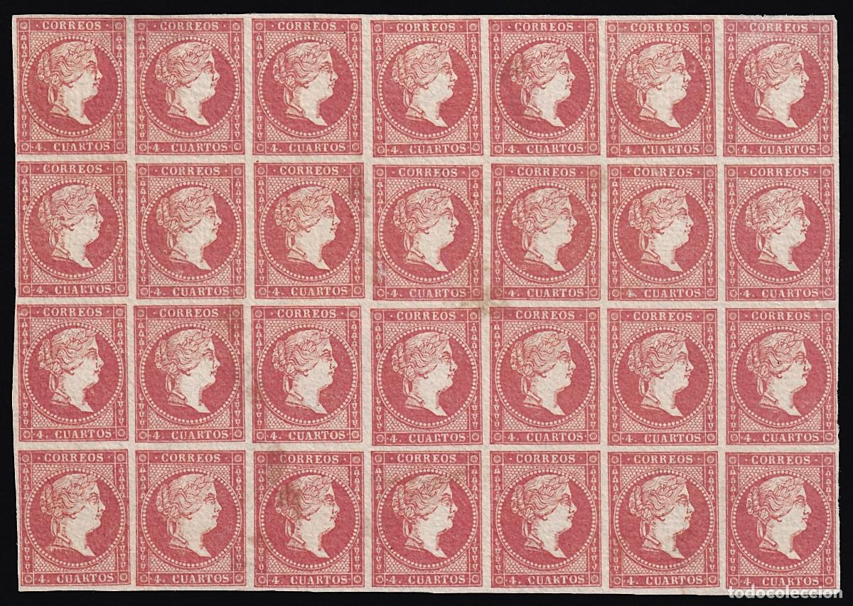 Timbres: ESPA&Ntilde;A, 1855 EDIFIL N&ordm; 44A (*), 4 cu. rojo. Tipo II. [Bloque de 28.]