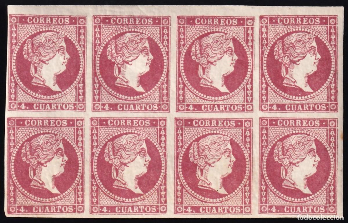 Timbres: ESPA&Ntilde;A, 1855 EDIFIL N&ordm; 48C /**/, 4 cu. carm&iacute;n. Tipo IV. [Bloque de ocho / SIN FIJASELLOS.]