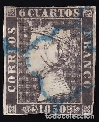 Sellos: ESPA&Ntilde;A, 1850 EDIFIL N&ordm; 1A, 6 cu. negro, [Tipo II. Mat. Ara&ntilde;a Azul.]