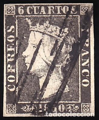 Sellos: ESPA&Ntilde;A, 1850 EDIFIL N&ordm; 1A, 6 cu. negro, [Tipo II. Mat. Parrilla de Madrid.]