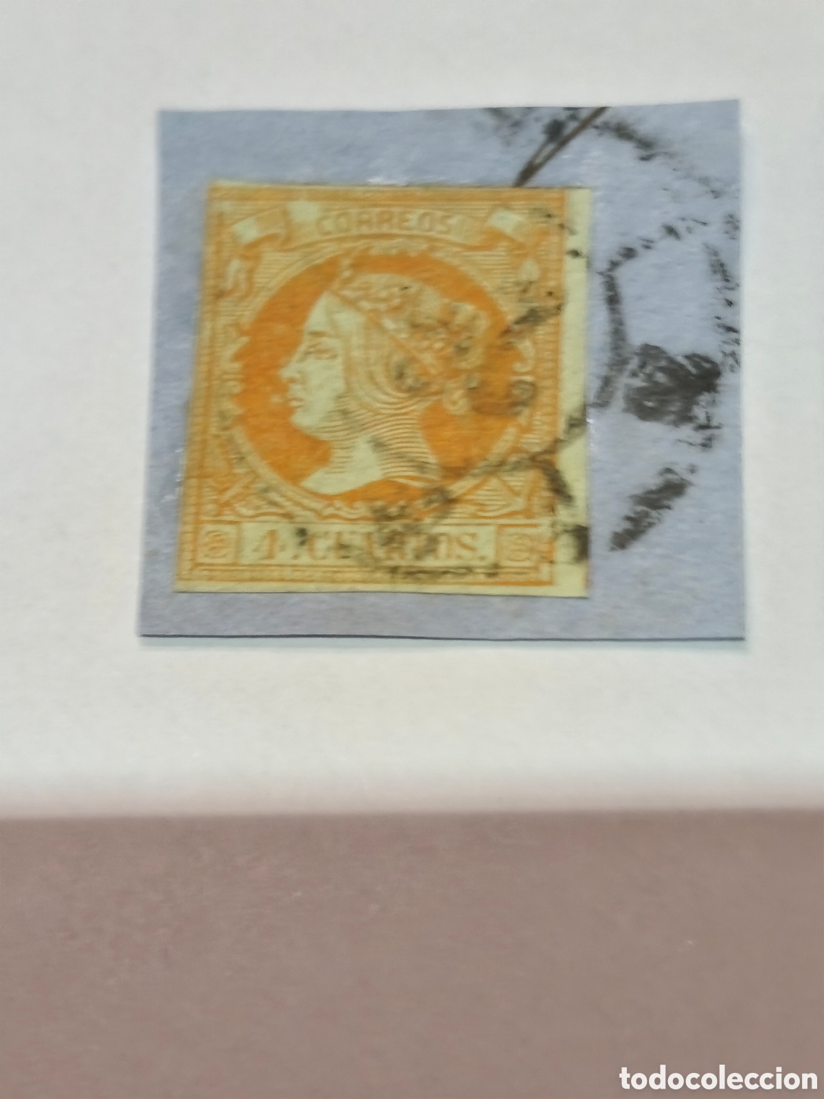 Sellos: Sello cl&aacute;sico de Espa&ntilde;a n 52 sobre fragmento de carta 4 cuartos naranja,ver imagenes
