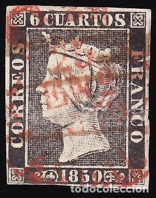 Sellos: ESPA&Ntilde;A, 1850 EDIFIL N&ordm; 1, 6 cu. negro [Tipo I. / Mat. rayas de tinta y Fechador Baeza &rdquo;25 ENE 1850&rdquo;]