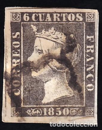 Sellos: ESPA&Ntilde;A, 1850 EDIFIL N&ordm; 1, 6 cu. negro [Tipo I. / Mat. Ara&ntilde;a, tinta de escribir.]