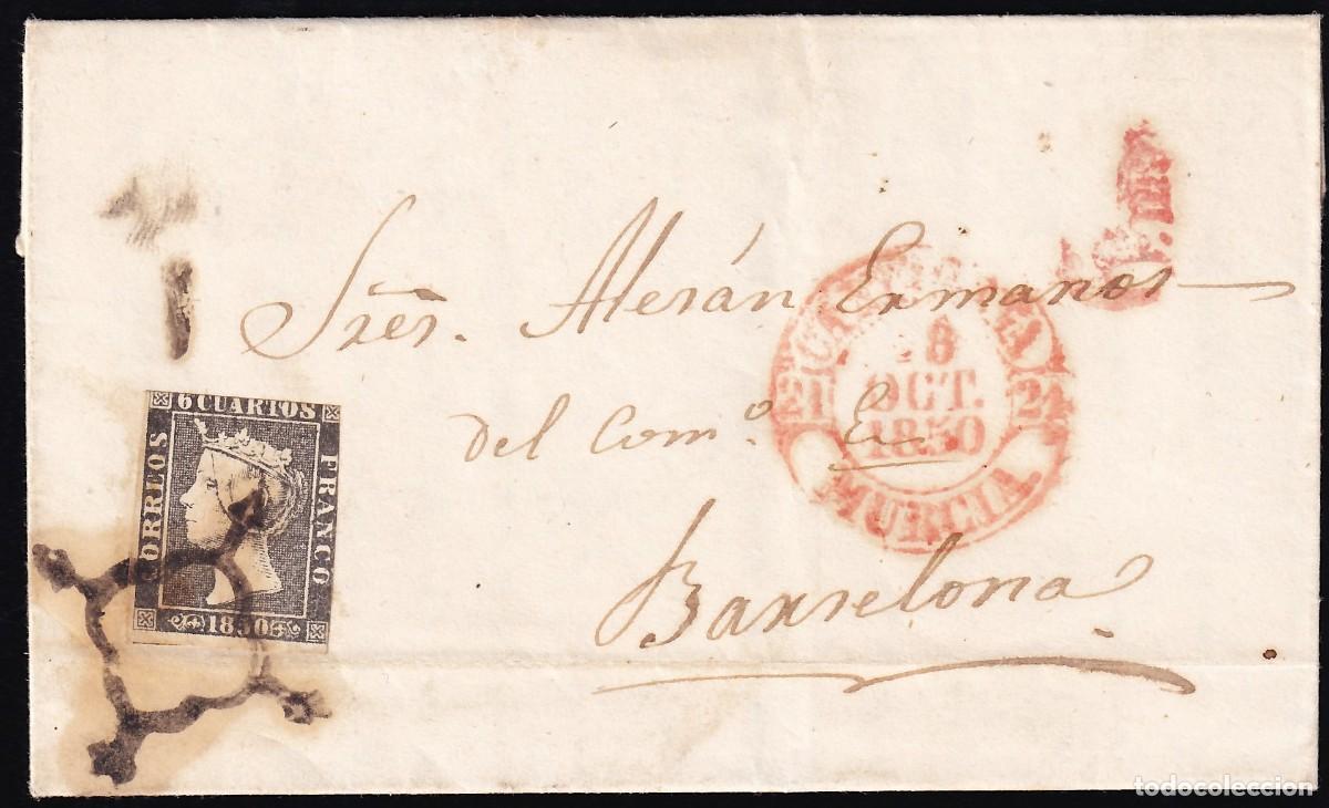 Sellos: Carta, Puerto de Mazarron (Murcia) a Barcelona, 6 cu Tipo II. [Mat. Baeza &rdquo;CARTAGENA . 8 OCT. 1850&rdquo;]