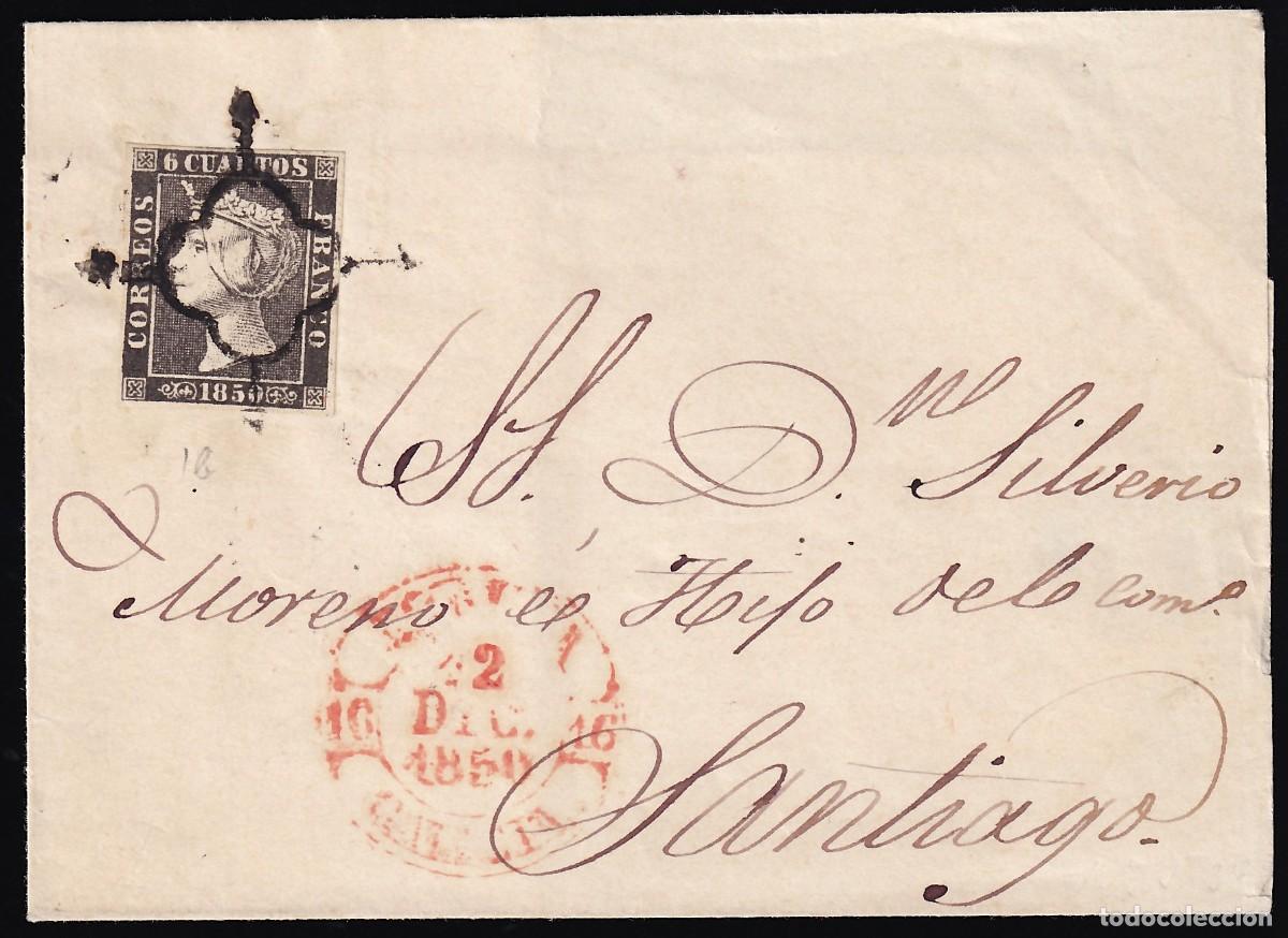 Sellos: Envuelta, circulada a Santiago, 6 cu Tipo I. [Mat. Baeza &rdquo;GALICIA. 2 DIC. 1850&rdquo;]