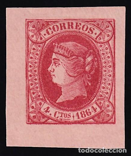 Sellos: ESPA&Ntilde;A, 1864, 4 cu. rojo, Papel Salm&oacute;n, [Ensayo de Plancha.]