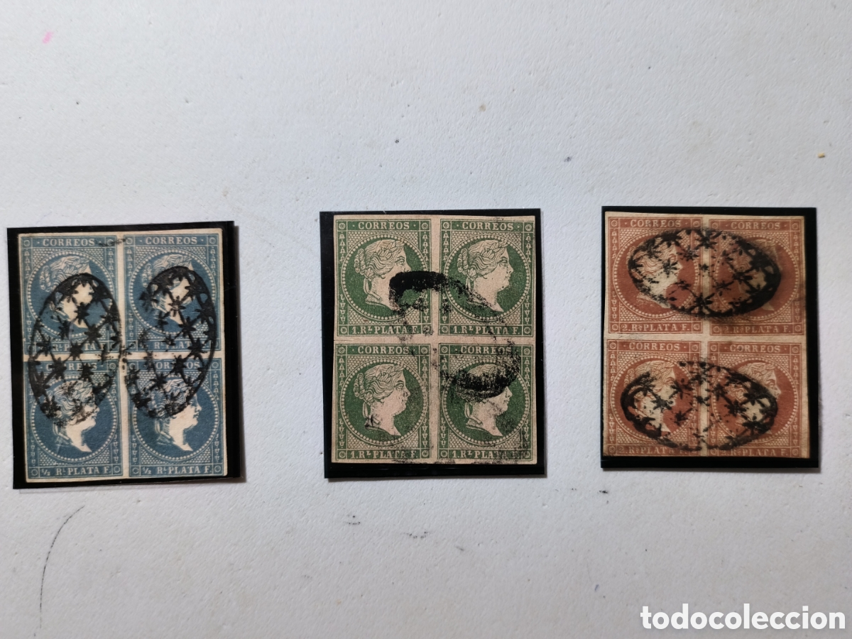 Sellos: Cuba espa&ntilde;ola,serie 1857,sin filigrana ,bloques de 4 cancelados con parrilla .