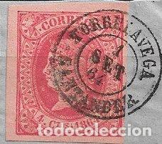 Sellos: 1864 Isabel II, EDIFIL n&ordm; 64 (o) matasello TORRELAVEGA, Santander, sobre fragmento