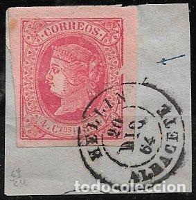Sellos: 1864 Isabel II, EDIFIL n&ordm; 64 (o) matasello HELL&Iacute;N, Albacete, sobre fragmento