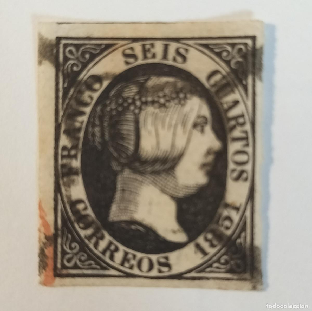 Sellos: Edifil 6 Isabel II sello AUTENTICO usado Espa&ntilde;a a&ntilde;o 1851 (RefQK)