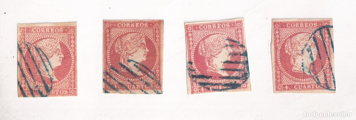 Sellos: LOTE DE 4 SELLOS DE 4 CUARTOS. CON PARRILLAS AZULES