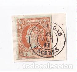 Sellos: FRAGMENTO. SELLO 4 CUARTOS. MIAJADAS. C&Aacute;CERES. 1861. BONITO FECHADOR