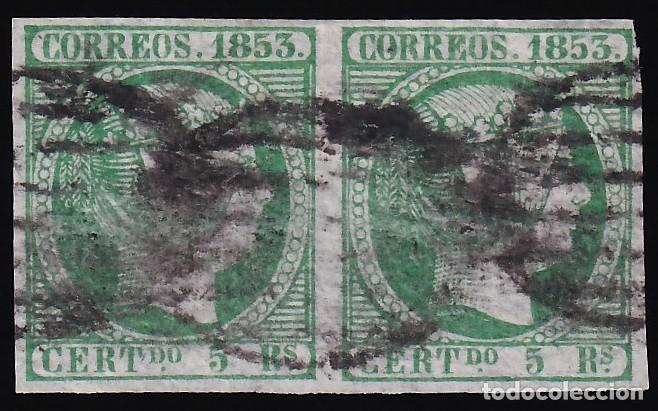 Sellos: ESPA&Ntilde;A, 1853 EDIFIL N&ordm; 20, 5 r. verde. Pareja.