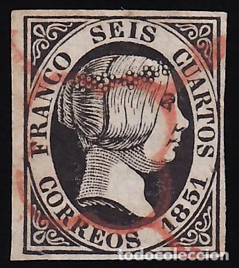 Sellos: ESPA&Ntilde;A, 1851 EDIFIL N&ordm; 6, 6 cu. negro, [Mat. Ara&ntilde;a Roja.]