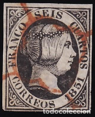 Sellos: ESPA&Ntilde;A, 1851 EDIFIL N&ordm; 6, 6 cu. negro, [Mat. Ara&ntilde;a Roja.]