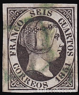 Sellos: ESPA&Ntilde;A, 1851 EDIFIL N&ordm; 6, 6 cu. negro, [Mat. Ara&ntilde;a Azul.]