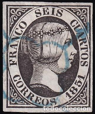 Sellos: ESPA&Ntilde;A, 1851 EDIFIL N&ordm; 6, 6 cu. negro, [Mat. Ara&ntilde;a Azul.]
