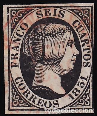 Sellos: ESPA&Ntilde;A, 1851 EDIFIL N&ordm; 6, 6 cu. negro, [Mat. Fechador, Tipo Baeza.]