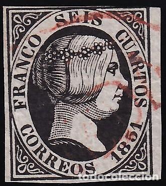 Sellos: ESPA&Ntilde;A, 1851 EDIFIL N&ordm; 6, 6 cu. negro, [Mat. prefilat&eacute;lico CORVERA.]