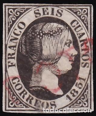 Sellos: ESPA&Ntilde;A, 1851 EDIFIL N&ordm; 6, 6 cu. negro, [Mat. prefilat&eacute;lico POTES.]