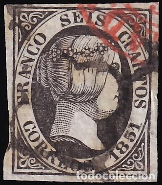 Sellos: ESPA&Ntilde;A, 1851 EDIFIL N&ordm; 6, 6 cu. negro, [Mat. Ara&ntilde;a y Fechador.]