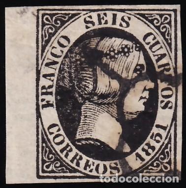 Sellos: ESPA&Ntilde;A, 1851 EDIFIL N&ordm; 6, 6 cu. negro, [Borde de Hoja.]