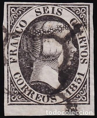 Sellos: ESPA&Ntilde;A, 1851 EDIFIL N&ordm; 6, 6 cu. negro, [Borde de Hoja.]