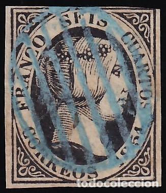 Sellos: ESPA&Ntilde;A, 1851 EDIFIL N&ordm; 6, 6 cu. negro, [Mat. Parrilla Azul.]