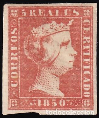 Sellos: ESPA&Ntilde;A, 1850 EDIFIL N&ordm; 3 /*/, 5 r. rojo, [Reproducci&oacute;n, JEAN SPERATI.]